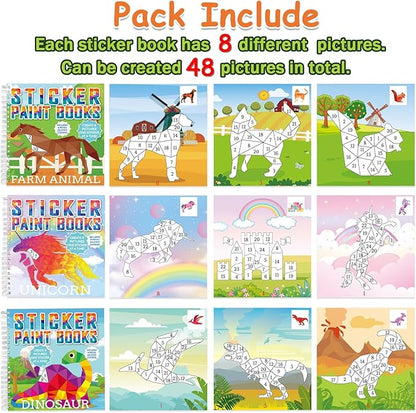 6 Pcs Paint by Sticker Books for Kids Ages 4-8 Sticker by Number Books Activity Book for Kids Ages 3-5 Sticker Puzzle Book Craft Art Toddler Girls Gift with Dinosaur Unicorn Forest Animal 48 Pictures