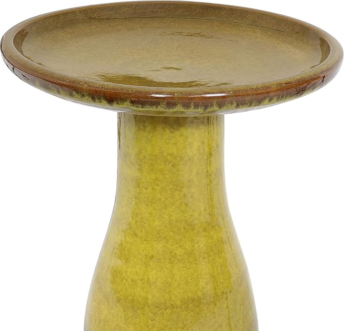 Sunnydaze 21" H Ceramic Bird Bath for Outside - Hand-Painted Outdoor Bird Bath Bowl, UV/Frost-Resistant Finish - Cognac Yellow - Ribbed Pedestal