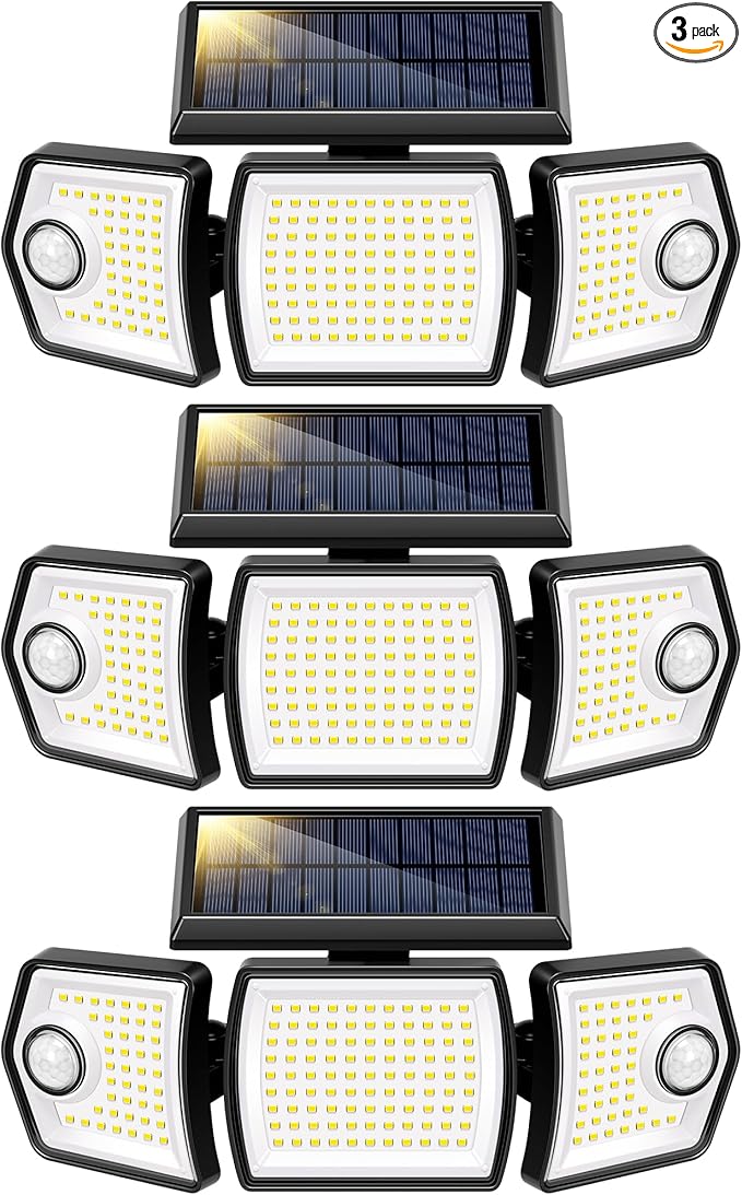 VIVOHOME Linkable Solar Flood Lights Outdoor, 2 Adjustable Motion Sensors Security Lights with 3 Heads, 2500LM, IP65 Waterproof, Solar Powered for Outside, Yard, Porch, Patio, 3 Pack