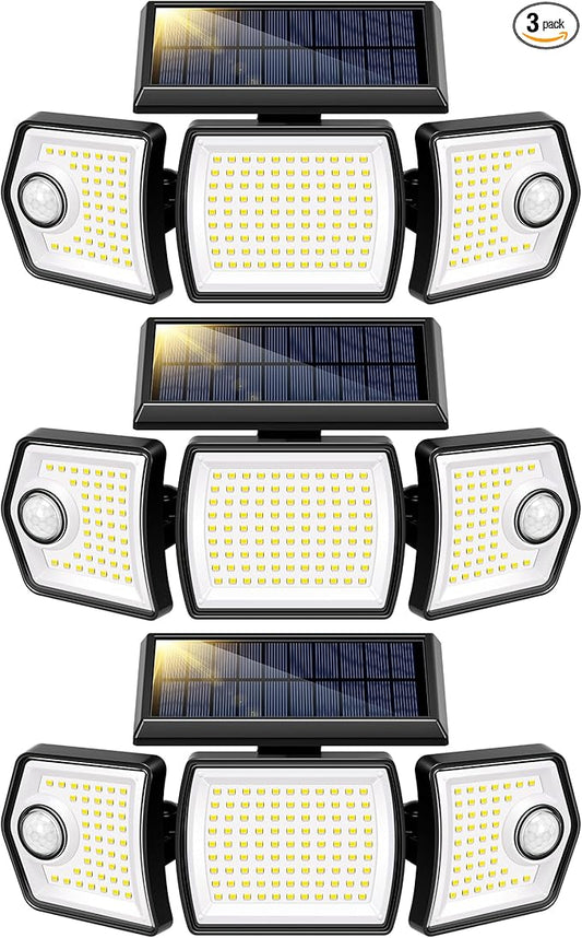 VIVOHOME Linkable Solar Flood Lights Outdoor, 2 Adjustable Motion Sensors Security Lights with 3 Heads, 2500LM, IP65 Waterproof, Solar Powered for Outside, Yard, Porch, Patio, 3 Pack