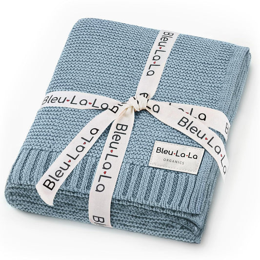 Organic Cotton Heritage Knit Receiving Blanket for Boys - 100% Luxury Soft Organic Cotton - Warm Cozy Swaddle Cuddle Crib Blanket for Newborns Infants & Toddlers (0-2Yrs - Sky Blue)