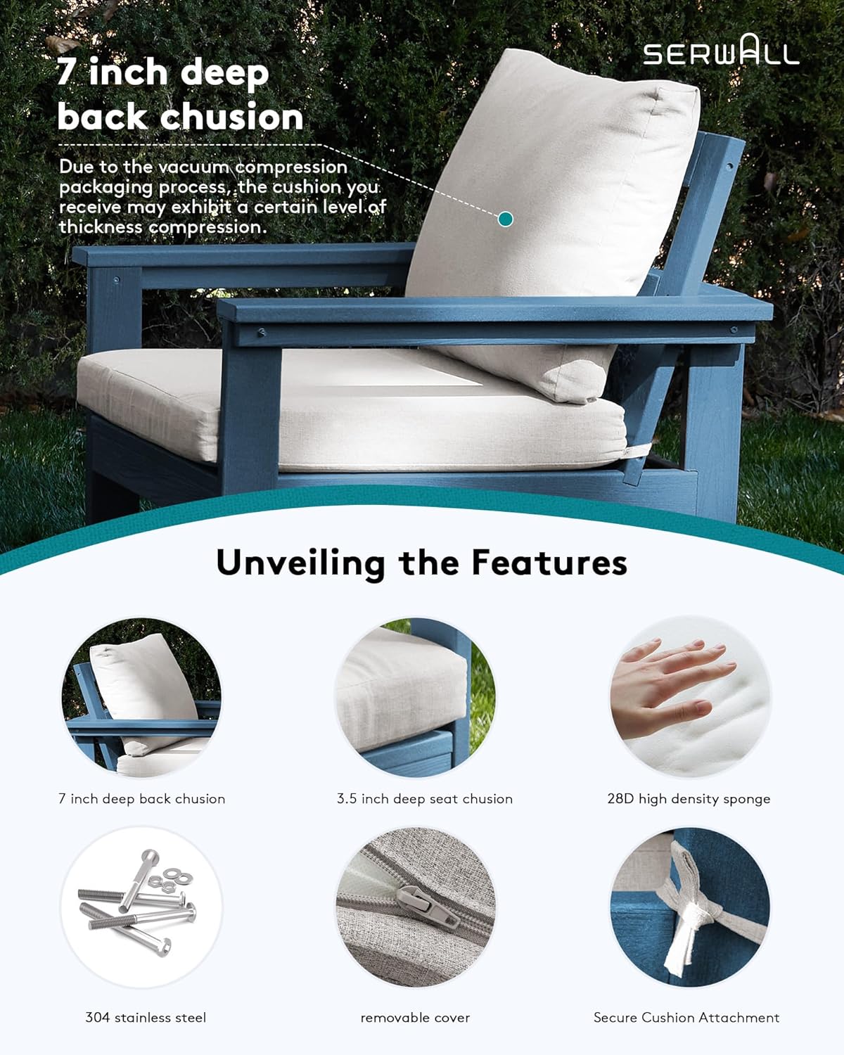 SERWALL HDPE Patio Furniture Set, 7-Piece Outdoor Sectional Sofa Set, All Weather Outdoor Couch Set for Deck, Lawn, Blue Frame with Khaki Cushion