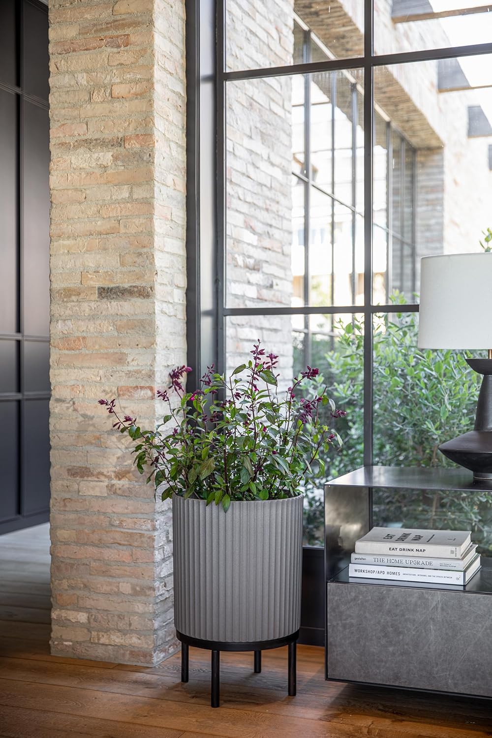 Veradek Demi Series Round Planter w/Stand for Porch/Patio | Durable Plastic-Stone Composite & Wooden Stand | Modern Décor for Tall Plants, Flowers