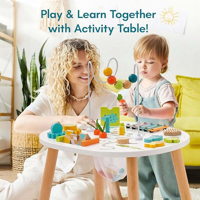 Giant bean® Wooden Activity Table for 1 Year Old, 11-in-1 Montessori Learning Table with Bead Maze, Shape Sorter, Fishing Game & More – Sensory Development Toy for Toddlers, Ideal 1st Birthday Gift