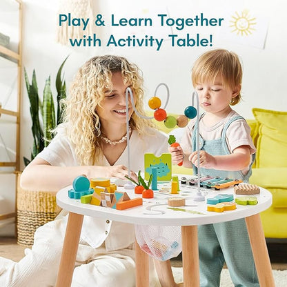 Giant bean® Wooden Activity Table for 1 Year Old, 11-in-1 Montessori Learning Table with Bead Maze, Shape Sorter, Fishing Game & More – Sensory Development Toy for Toddlers, Ideal 1st Birthday Gift