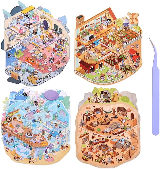 Girls 3D Miniature Scene Stickers, 4 Sets World Adventure DIY House Stickers for Space, Caves, Farms, Underwater World, Cute 3D Cartoon Sticker Scenes for Adult Kids Relief Stress Pass The Time