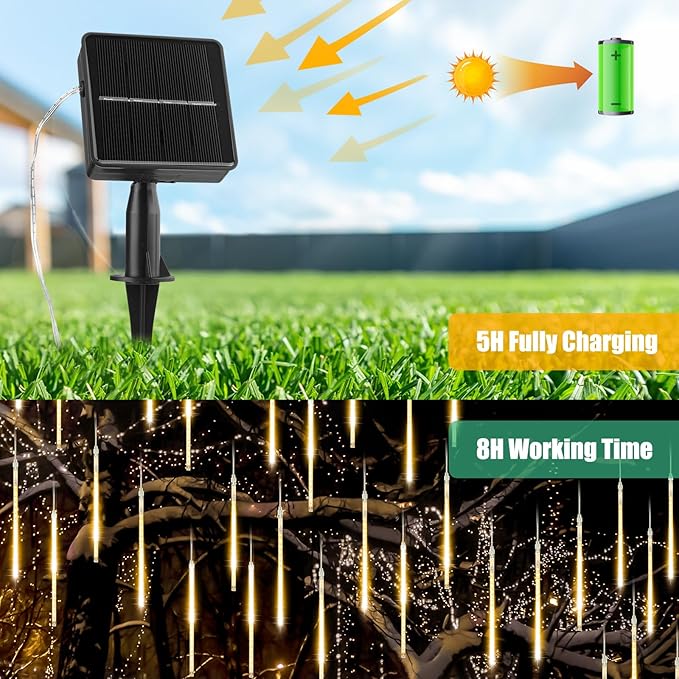 Solar Meteor Shower Lights - 16 Inch 8 Tube 288 LED, Waterproof, Cascading Falling Rain Lights for Tree, Bush, Holiday Parties, Christmas, Patio Decor - Warm White