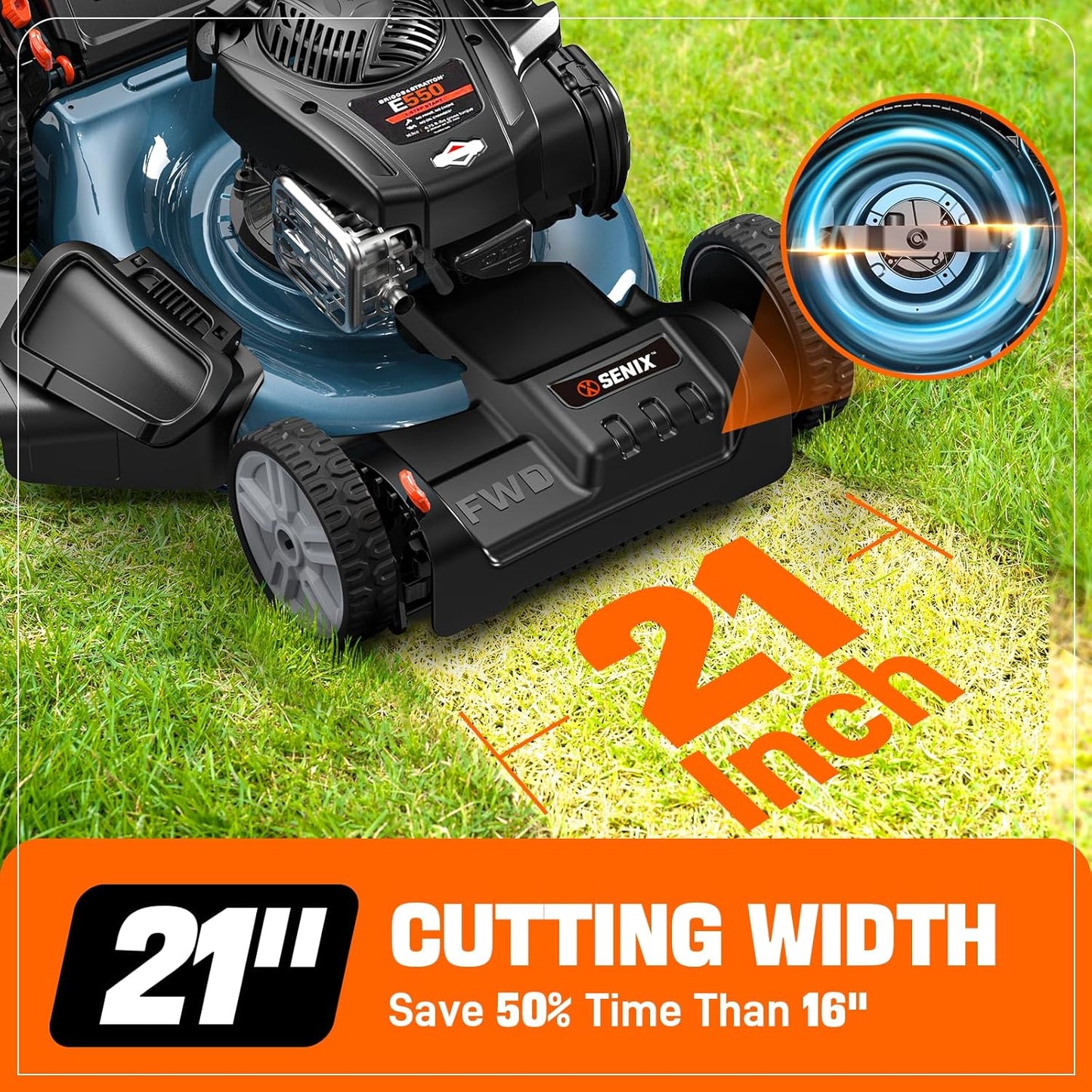 SENIX 21-Inch Gas Lawn Mower Self-Propelled, 3-in-1 Push Cordless Mower with Mulch/Bag/Side-Discharge, 6 Position Adjustable Cutting Height, Steel Deck (LSSG-M1)