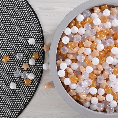 GOGOSO Ball Pit Balls with Starballs 100 - Crushproof Plasticballs for Babies Toddlers Kids Children for 1 2 3 4 5 Years Old,5 Colors,2.15inches, Beige Gold White Clear
