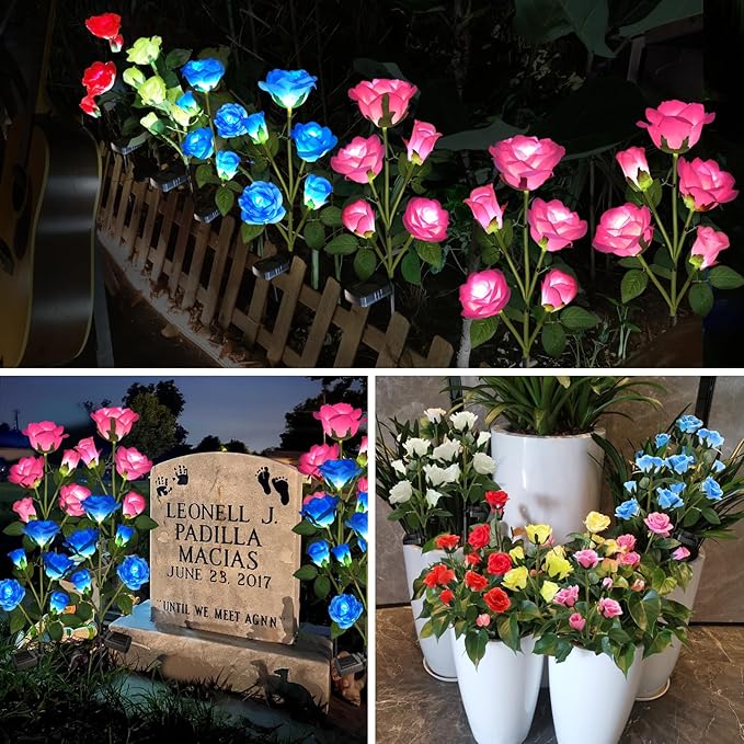 Solar Garden Lights, Solar Outdoor Lights with More Realistic 20 Rose Waterproof Solar Powered Flowers Lights for Outside Patio Yard Pathway Decorations, Blue and Pink