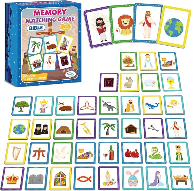 gisgfim 50 Pairs Memory Matching Game Bible Concentration Memory Card Games for Kids Educational A Fun & Fast Christian Bible VBS 2025 Easter Biblical Theme Matching Games