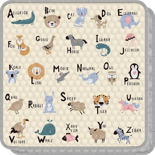 Baby Play Mat for Floor 59x59, Soft Portable, Non-Slip Crawling Mat Machine Washable Foldable Playmate for Babies,Toddlers, Infants Indoor/Outdoor Use, Alphabet & Animal Design