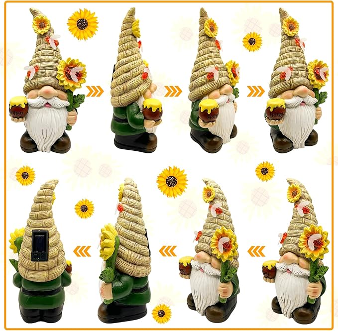 Uniboho Garden Gnome Statue Outdoor Garden Decor Large Resin Sunflower Gnome Holding Honey Jar with Solar Bee Lights for Garden Yard Decorations Patio Lawn Outside Porch Lawn Decor Gnomes Gifts 12"