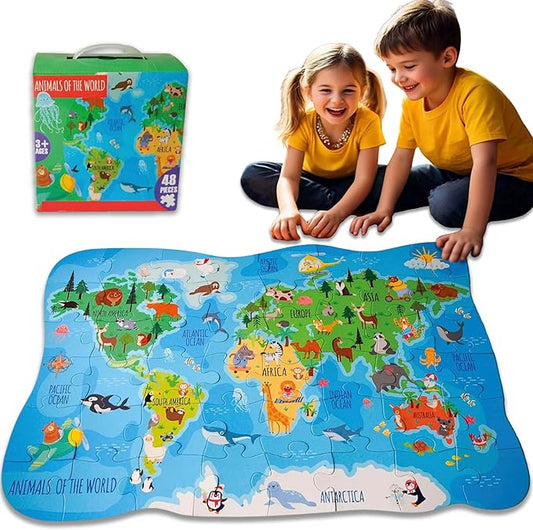 48 Piece Puzzles for Kids Ages 4-6 - Floor Puzzles for Kids Ages 3-5 - Preschool Learning Toys - World Map Puzzle - Educational Toys for 3 Year Old - Includes Two Giant Coloring Posters