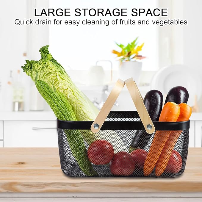 Portable Garden Harvest Basket-Mesh Design Natural Bamboo Handle Wire Storage Baskets,Mesh Basket with Handle Organize Items Reduce Space Occupation,Suitable for Kitchen,Garden,Picnic(Black)