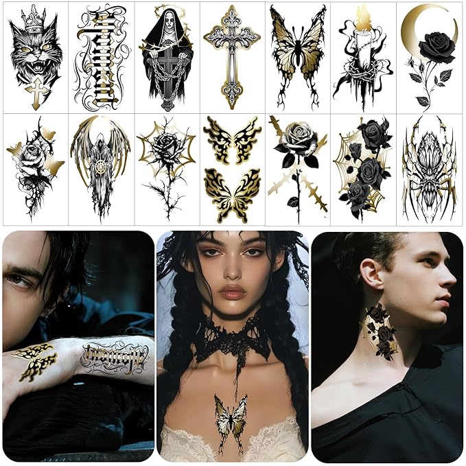 42 Sheets Metallic Gothic Temporary Tattoo for Women Men, 12 Half Arm Golden Skull Cat Floral Fake Tattoos, 30 Black Glitter Rose Butterfly Spider Halloween Tiny Adult Kid Body Tattoos Stickers