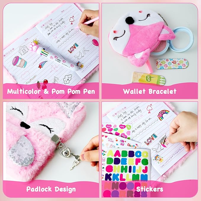 Gifts for 6 7 8 9 Year Old Girls, Diary with Lock for Girls - Journal Kit for Girls with Bookmarks Sticky Notes Pom Pom Pen Fuzzy Notebook (Fox Diary,Pink)
