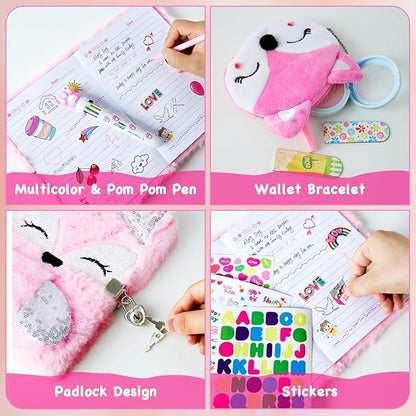 Gifts for 6 7 8 9 Year Old Girls, Diary with Lock for Girls - Journal Kit for Girls with Bookmarks Sticky Notes Pom Pom Pen Fuzzy Notebook (Fox Diary,Pink)