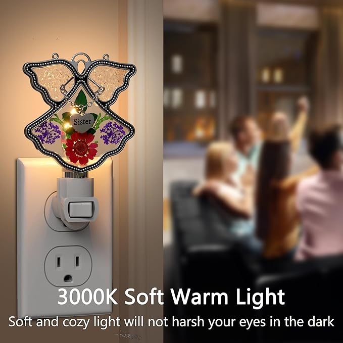 KY&BOSAM Angel Sister Night Light Flower in Glass with Metal Trim Sister Heart Night Light Nursery Bedroom Bathroom Decorative Accent Lite Elegant Home Decoration, Guardian Butte