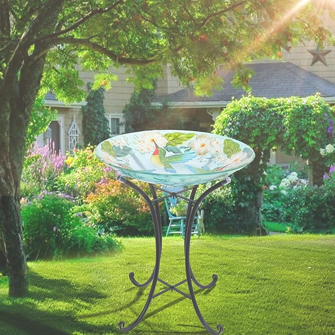 VCUTEKA 18" Outdoor Glass Birdbath with Sturdy Metal Stand for Lawn, Yard, or Garden Decor Bird Lovers Gift, Hummingbird Bird Bath Detachable, 22" Height