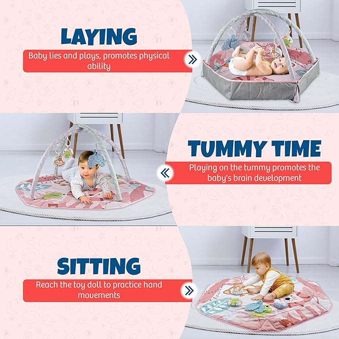 Henry & Colin Baby Activity Play Gym Mat with Hanging Toys, Soft Padded Mat, Sensory Development Play Area for Newborns and Infants, Convertible Play Center for Tummy Time and Fun Learning (Pink)