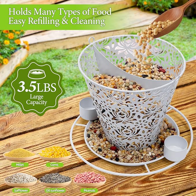 Solar Bird Feeders for Outside Hanging Metal Wild Bird Feeder Solar Lanterns Outdoor Waterproof Garden Decor for Yard White