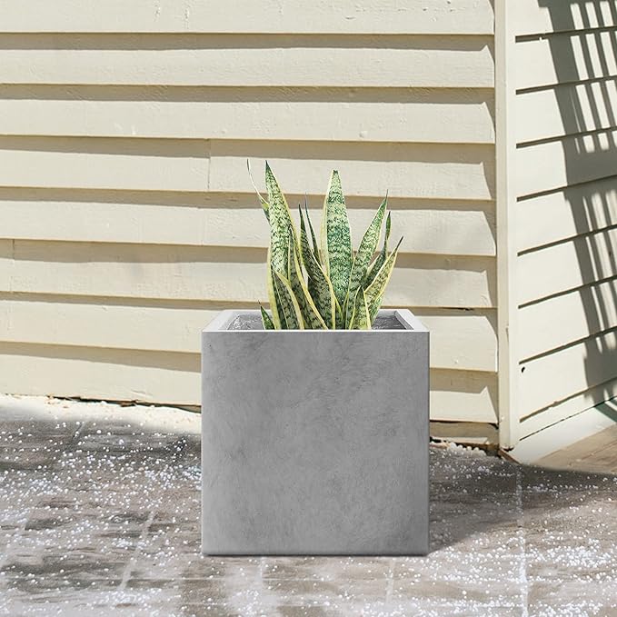 Kante 10 Inch Square Concrete Planter for Outdoor Indoor Home Patio Garden, Large Plant Pot with Drainage Hole and Rubber Plug, Natural Concrete