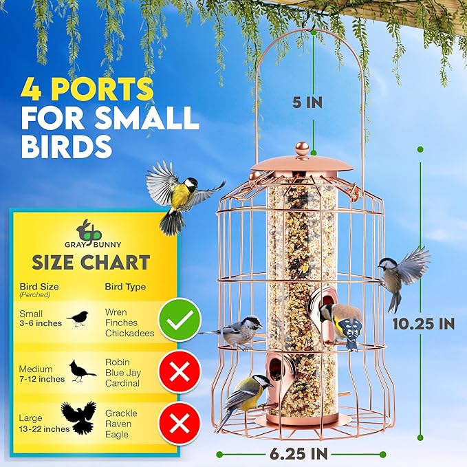 Squirrel Proof Bird Feeder for Outdoors Hanging (Metal Rose Gold) Bird Feeder with 4 Ports, Chew-Proof & Weather Resistant, Backyard Gift (10.25 x 6.25 x 6.25 inches)