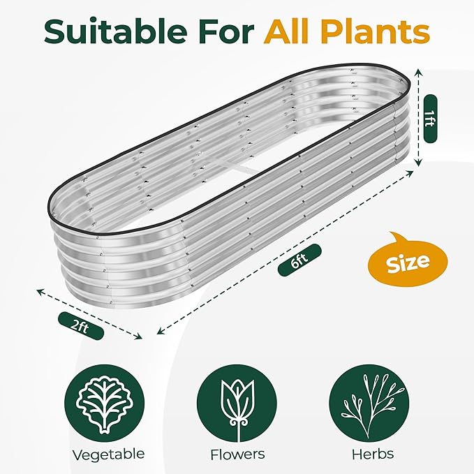 Utopia Home Galvanized Raised Garden Bed, 6 by 2 by 1 feet Lightweight Planter Boxes Outdoor with Easy Assembly, Large Garden Bed for Vegetables, Fruits, Flowers, Silver
