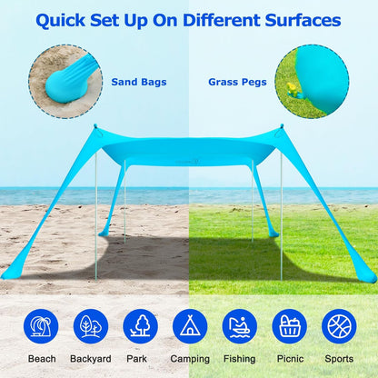 COMMOUDS Beach Tent Sun Shelter - UPF50+ Pop Up Beach Canopy with Sandbags & Sand Shovel & Windproof Poles, Portable Sun Shade for Beach, Camping, Picnics, Backyard