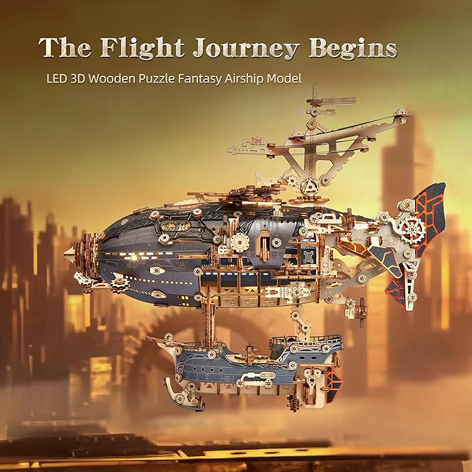 LED 3D Wood Puzzle Fantasy Airship Model - Steampunk DIY Craft Kit with LED Lights – Intricate Wooden Airship Model Building Set for Teens and Adults(Gray)