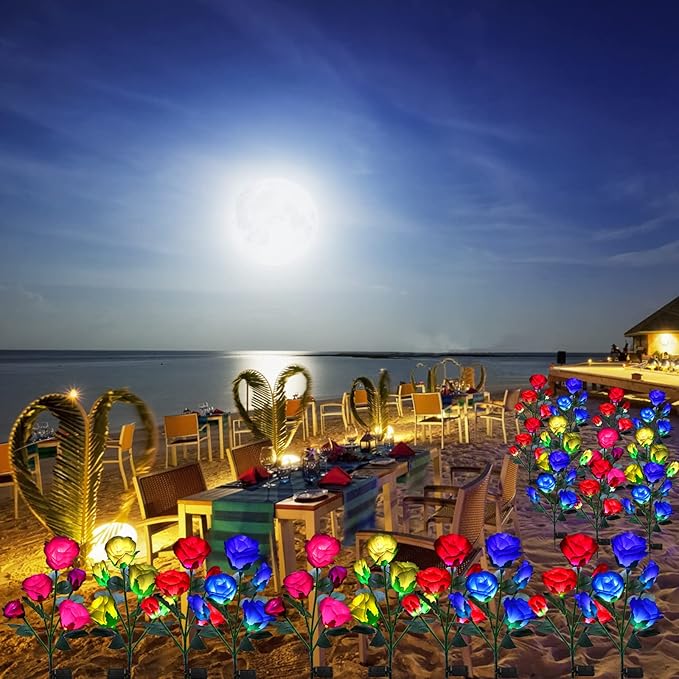 ANGMLN Solar Garden Lights, 6 Pack Solar Flower Lights Outdoor Waterproof with 30 Head Realistic Rose 7-Color Changing Landscape Light for Garden Yard Pathway Patio Grave Cemetery Decoration