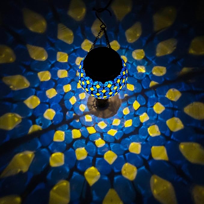Mosaic Hot Air Balloon Solar Lantern with Flickering Flame, Blue Mosaic Hanging Solar Lantern Lights Outdoor Waterproof for Garden Patio Gifts for Women Mom Grandma