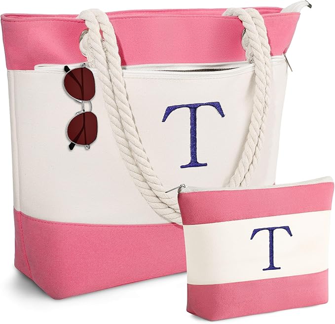 YOOLIFE Beach Bags for Women - Initial Tote Waterproof Bag with Makeup Bag, Mothers Day Gifts for Women Mom Friend Birthday
