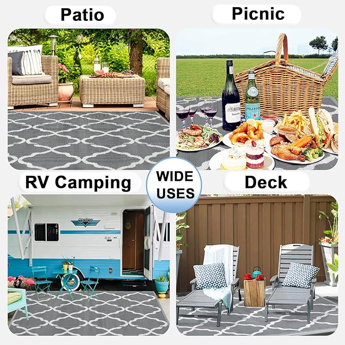 OutdoorLines Outdoor Plastic Area Rugs for Patio 5x8 ft - Reversible Outside Carpet, Stain & UV Resistant RV Mats, Straw Rug for Camping, Deck Garden, Porch and Balcony, Moroccan Grey & Light Grey