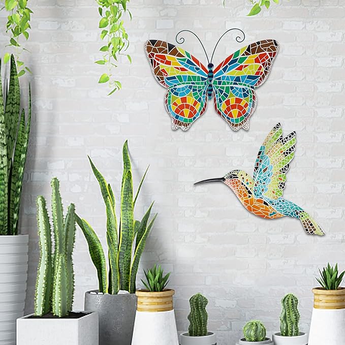 Adroiteet 16 Inch Large Wall Decor, Set of 2 Butterfly Hummingbird Metal Wall Art, Bird Wall Sculpture Hanging Decorations, Perfect for Garden Yard Fence Home Kitchen Bedroom Outdoor Indoor