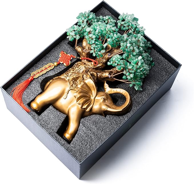 Green Aventurine Crystal Money Tree on Gold Elephant Statue, 17”Large Gemstone Bonsai Tree of Life Home Décor Gifts for Wealth Positive Energy, Feng Shui Décor