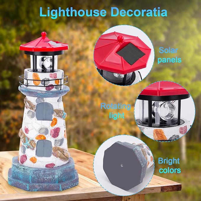 Solar Lighthouse with Rotating Beacon,11.4" Outdoor Garden Lighthouse Decor,Waterproof Statue Lighthouse Lamp for Yard Lawn Patio Gifts