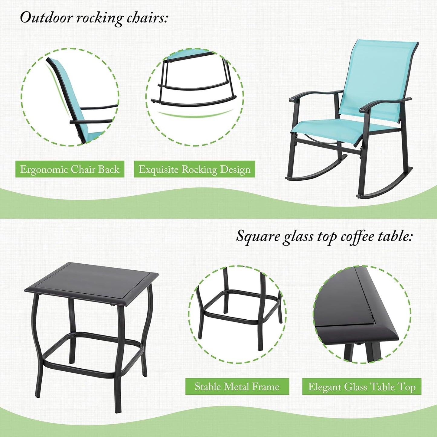 Shintenchi 3 Piece Rocking Bistro Set, Outdoor Furniture with Rocker Chairs and Glass Coffee Table Set of 3, Balcony, Porch Furniture for Small Space, Blue