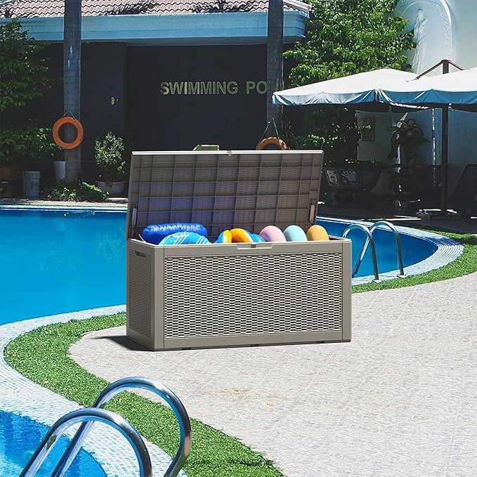 KAMABOKO 101 Gallon Waterproof Large Resin Deck Box, Lockable Large Outdoor Storage Boxes Indoor Outdoor Storage Container for Patio Cushions, Gardening Tools, Pool Supplies, Grey