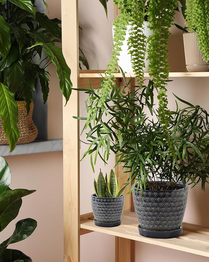 Plant Pots, Flower Pots, Planters for Indoor Plants(6.5+5.5inch), Flower Pots for Indoor Plants with Drainage Hole and Saucer, Ceramic Pots for Plants with Hole Mesh Pad,Reactive Glaze Blue