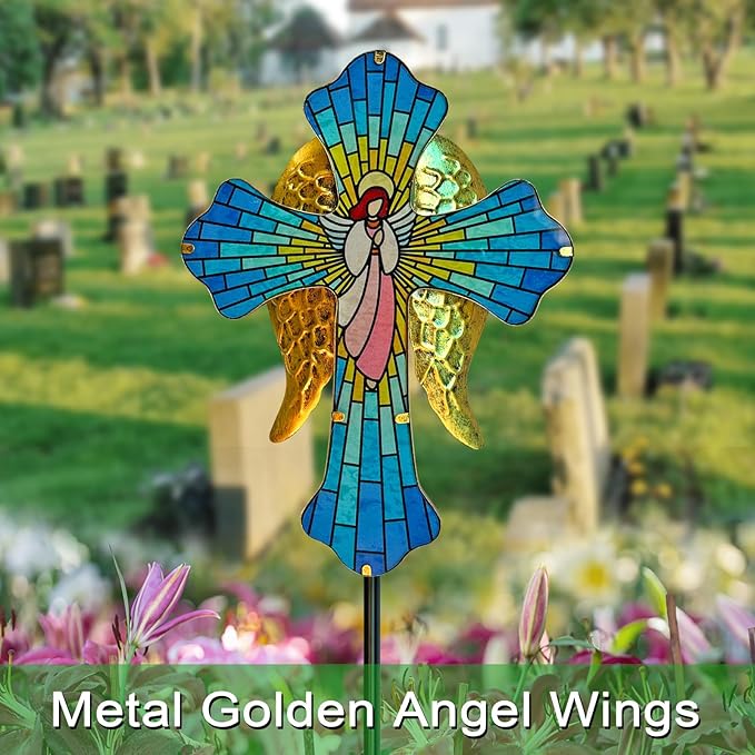 Solar Cross Garden Stake Lights for Outdoor Garden,Cemetery,and Yard Decor,Angel Wings Cross Solar Christmas Lights Outdoor,Memorial Gifts Angel