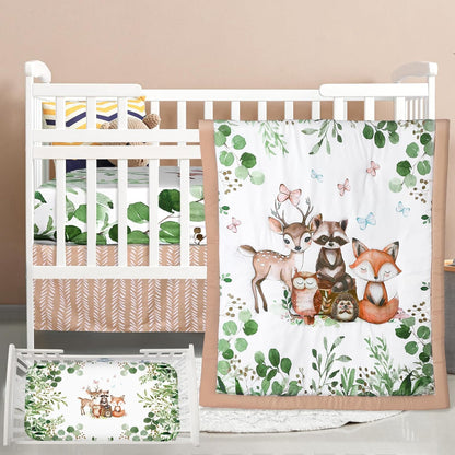3 Pcs Baby Crib Bedding Set Safari Animals Dinosaurs Bear Woodland Animals Jungle Crib Set Includes Quilt, Fitted Sheet, Skirt for Baby Boy Girl(Green,Woodland Raccoons Deer Etc.)