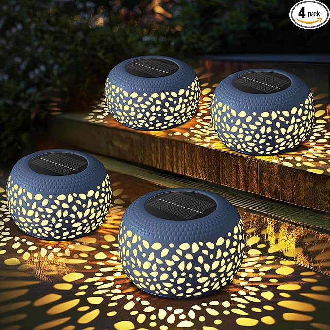 Solar Lantern Garden Patio Decor: 4 Pack White Solar Lanterns Outdoor Waterproof, Solar Lights Outdoor for Table Balcony Deck Pathway Porch Yard Decorations, Outside Hollow Out Metal LED Solar Lantern