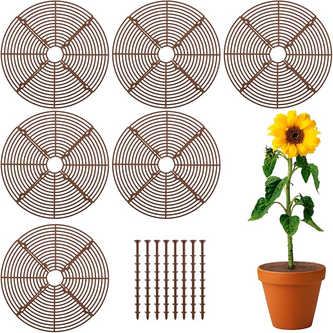 6 Pcs Plant Pot Grid Cover Protectors from Animals- Diameter 11.8" Cuttable Flower Pot Cover with 48 Stakes, Keep Cats Out of Potted Plants, Cat Digging Stopper Baby Safety Soil Cover for Indoor