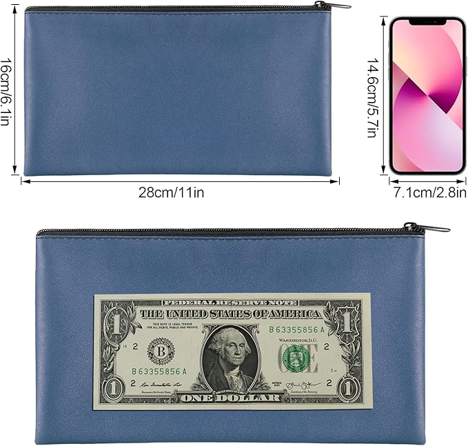 4Pack Money Bag 11 X 6 ", Safe Durable Money Bags with Zipper for Cash Waterproof, Coin Money Pouch PU Leather Bank Bag, Bank Bags with Zipper for Checks Makeup Bills Receipts Tool Storage Bag (Navy)