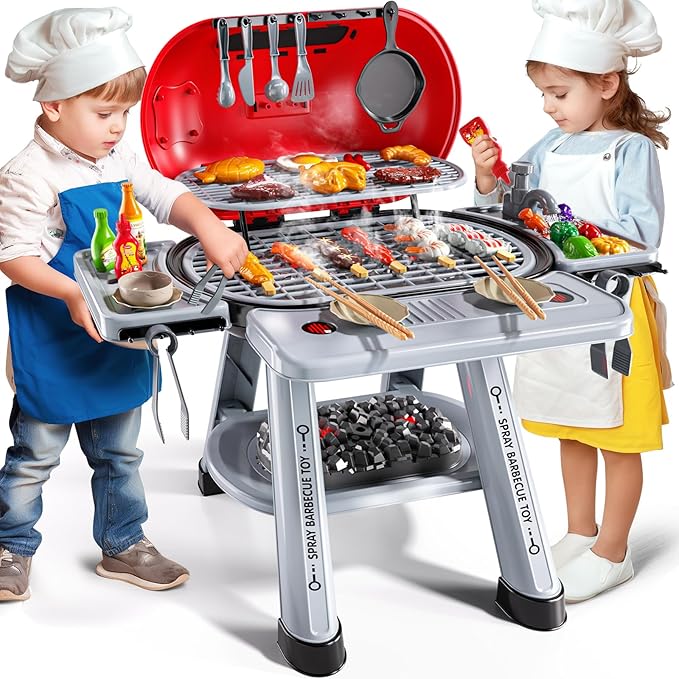 Kids BBQ Grill Playset for Kids Ages 4-8, Play Kitchen Toys with Smoke & Light for Boys Ages 3 4 5 6 7, 2-Layer Barbecue Toys Play Food Set, Indoor Outdoor Cooking Toy for Boys Girls 3-5