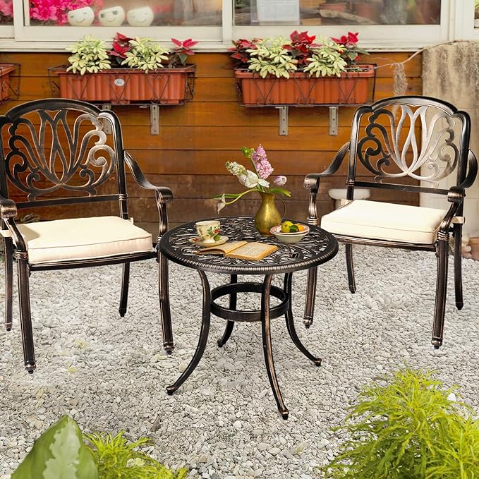 Outvita Patio Side Table, 23.6in Outdoor Round Cast Aluminum Bistro Table with Umbrella Hole and Antique Design for Backyard Porch Pool Balcony Deck Bronze