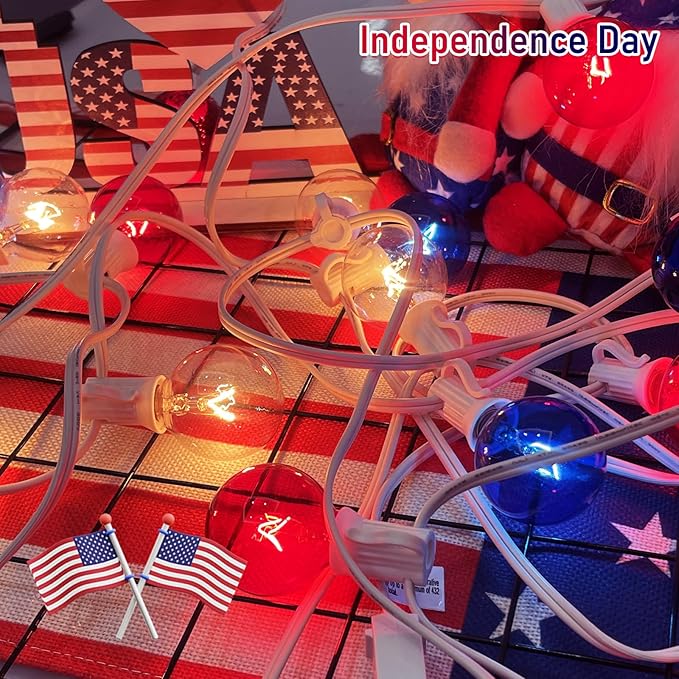 4th of July Decorations Lights Outdoor, 25Ft Red White and Blue Lights with 25 G40 Light Bulbs, Plug in G40 Patriotic Light for Indoor Independence Day Party Memorial Day-White