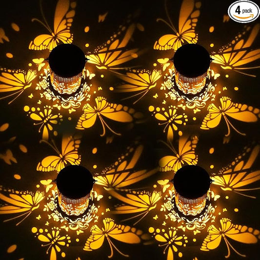 Mothers Day Gifts, 4 Packs Solar Lanterns Outdoor Hanging Lantern Lights, 4 Butterflies Hollowed-Out Metal Decor Lantern, Waterproof LED Decorative Garden Light Gifts